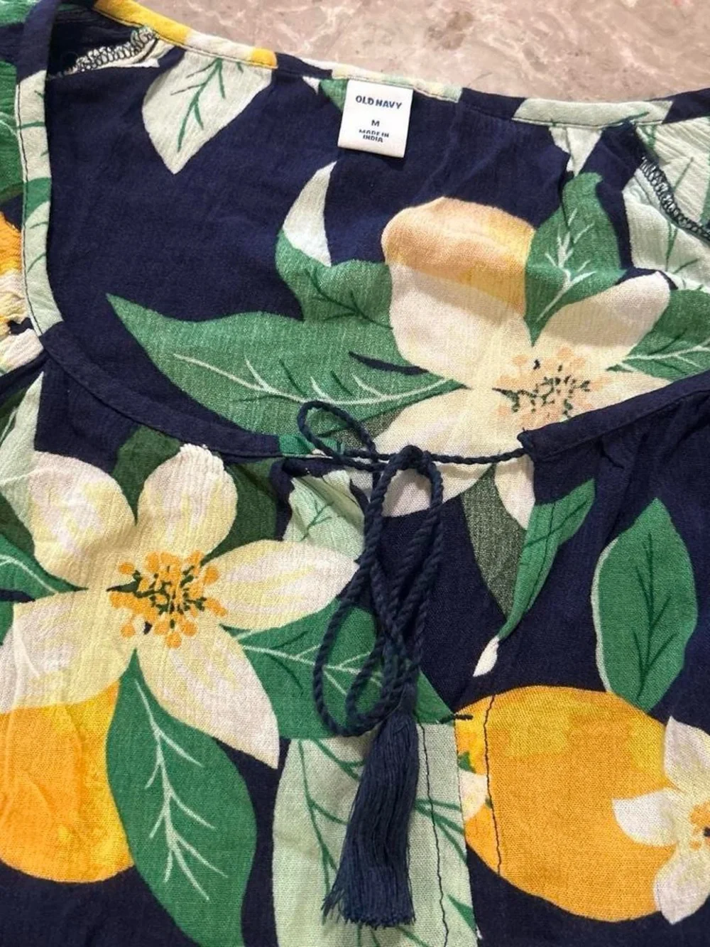 Old Navy Navy Blue Floral Peasant Blouse with Green Leaves and Yellow Accents - Picture 2 of 3